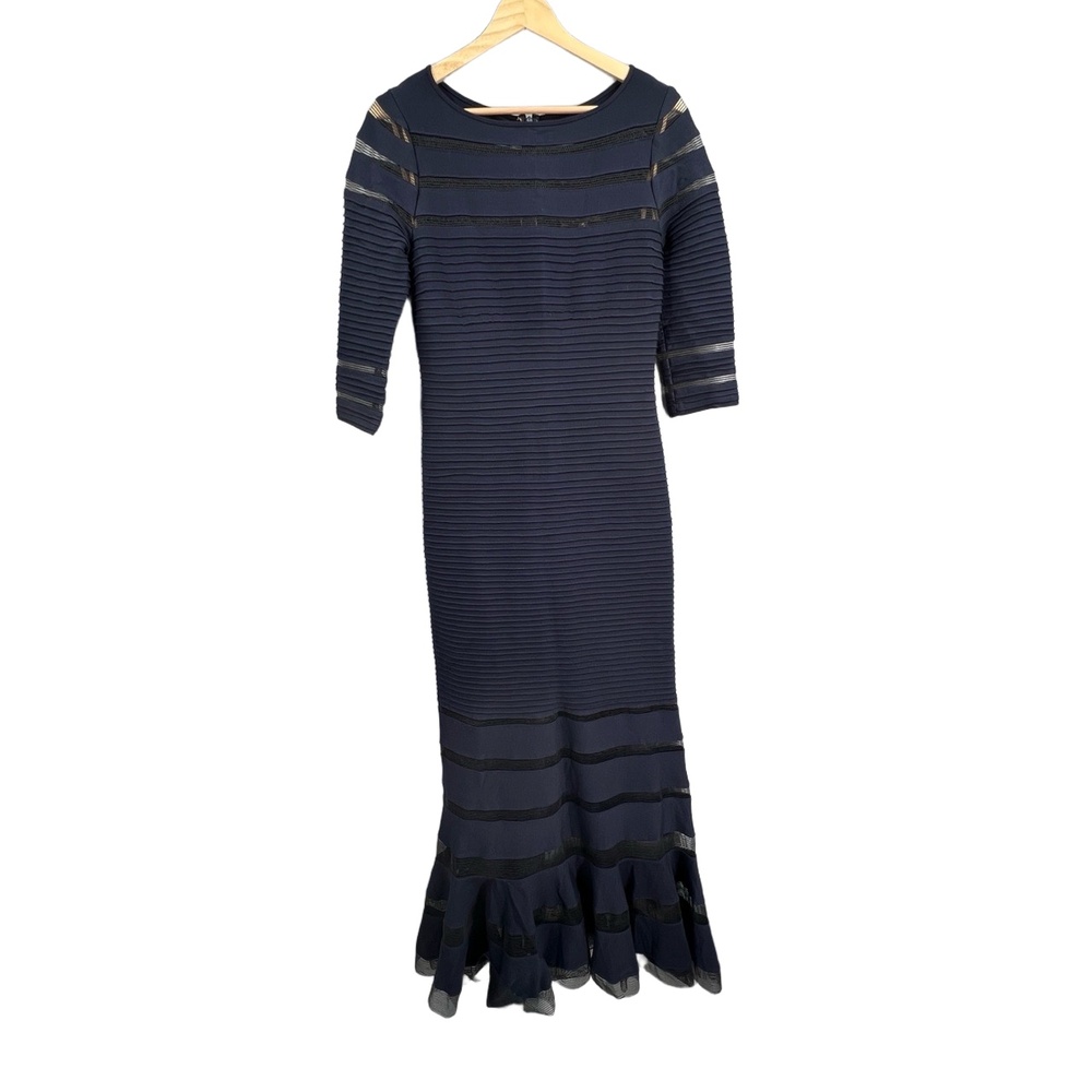 Tadashi Shoji Dress Floor Length Navy Blue Mesh Stripes Mermaid Ruffle Hem Small